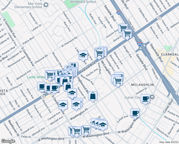 map of restaurants, bars, coffee shops, grocery stores, and more near 11907 Pacific Avenue in Los Angeles