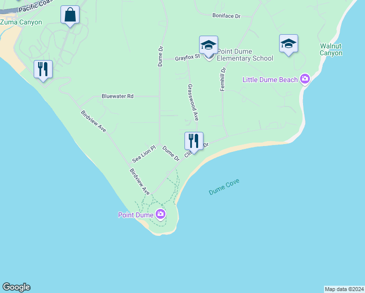 map of restaurants, bars, coffee shops, grocery stores, and more near 29135 Cliffside Drive in Malibu