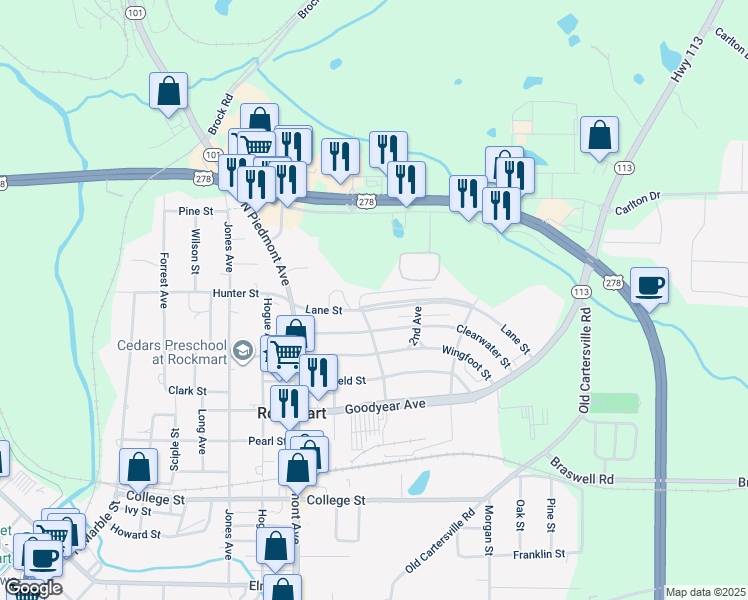 map of restaurants, bars, coffee shops, grocery stores, and more near 534 Lane Street in Rockmart