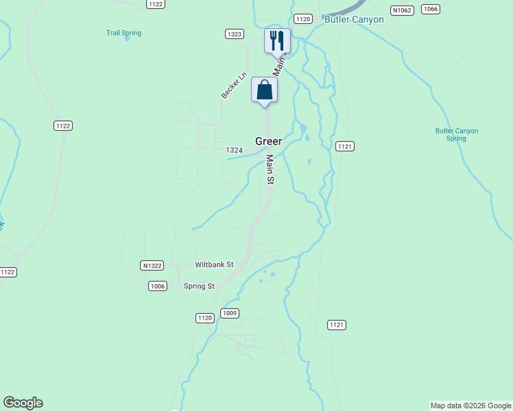 map of restaurants, bars, coffee shops, grocery stores, and more near North Street in Greer