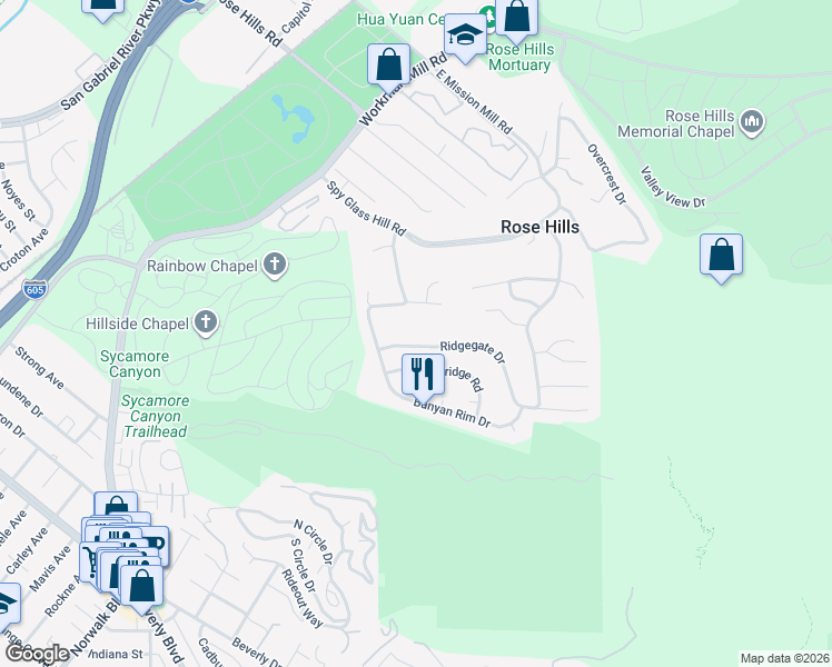 map of restaurants, bars, coffee shops, grocery stores, and more near 11341 Ridgegate Drive in Whittier
