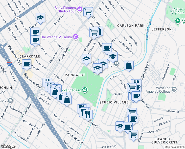 map of restaurants, bars, coffee shops, grocery stores, and more near 4601 Elenda Street in Culver City