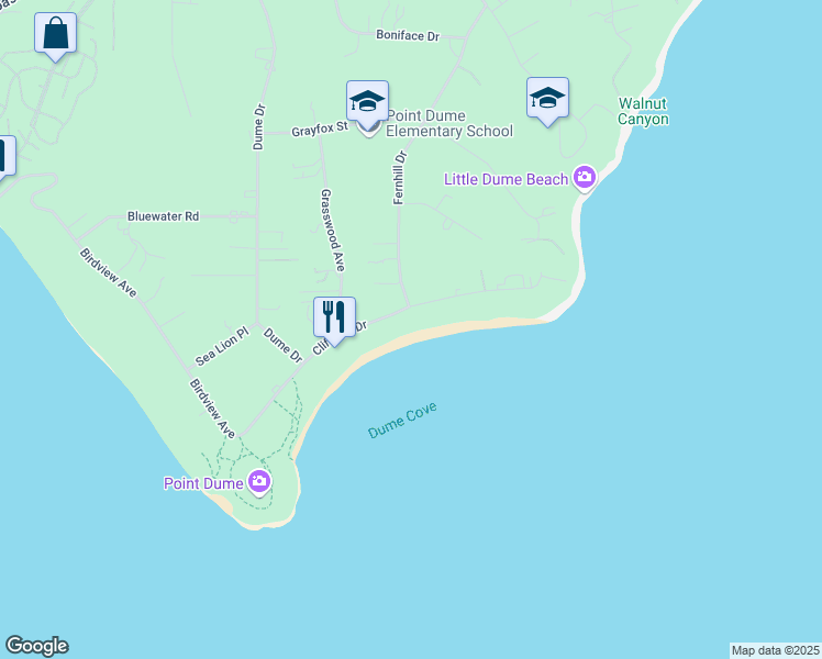 map of restaurants, bars, coffee shops, grocery stores, and more near 29008 Cliffside Drive in Malibu