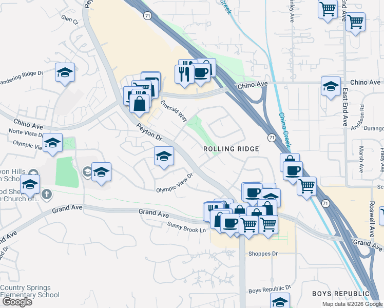 map of restaurants, bars, coffee shops, grocery stores, and more near 3111 Greenacre Road in Chino Hills