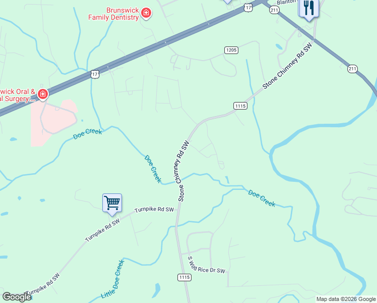 map of restaurants, bars, coffee shops, grocery stores, and more near 456 Stone Chimney Road Southwest in Supply