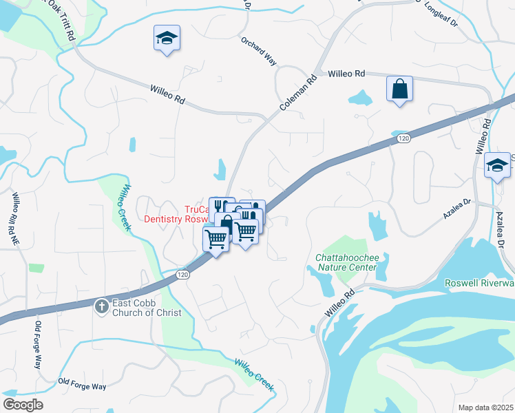 map of restaurants, bars, coffee shops, grocery stores, and more near 1005 Coleman Place Drive in Roswell
