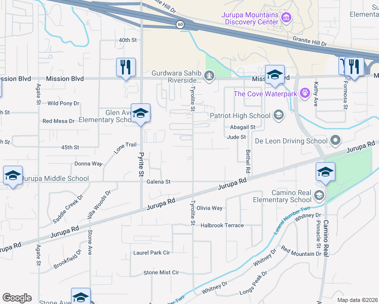 map of restaurants, bars, coffee shops, grocery stores, and more near 4481 Tyrolite Street in Riverside
