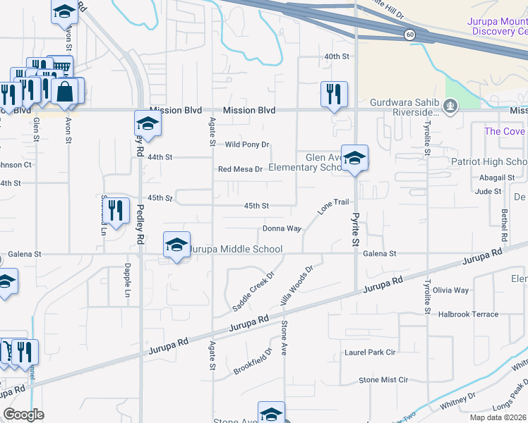map of restaurants, bars, coffee shops, grocery stores, and more near 8458 45th Street in Riverside