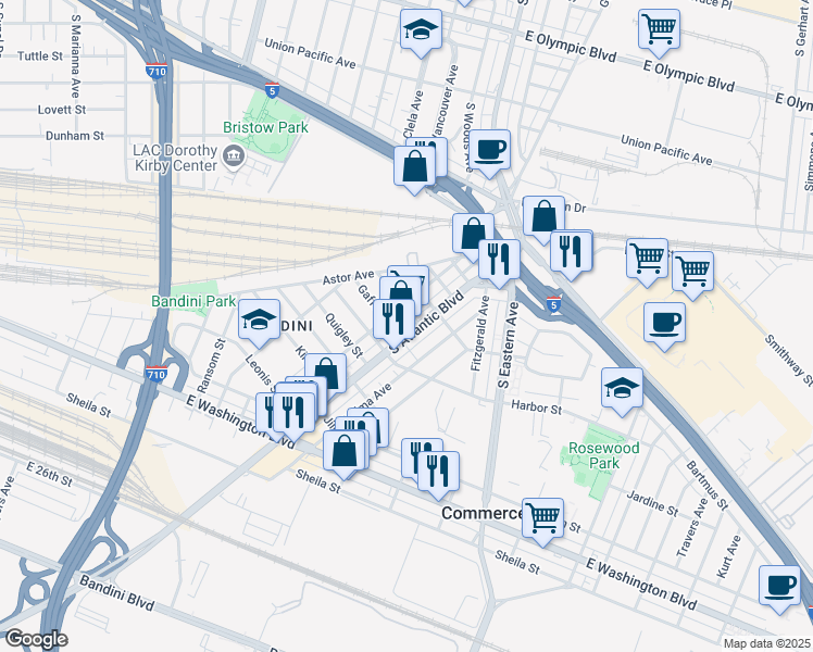 map of restaurants, bars, coffee shops, grocery stores, and more near 2181 South Atlantic Boulevard in Commerce