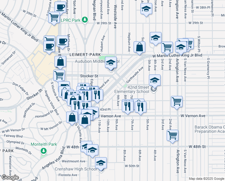 map of restaurants, bars, coffee shops, grocery stores, and more near 4260 Leimert Boulevard in Los Angeles