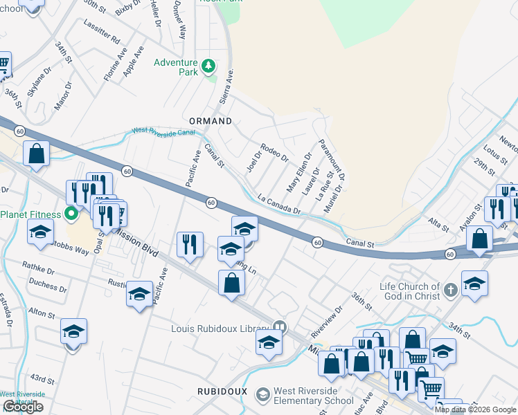 map of restaurants, bars, coffee shops, grocery stores, and more near 5982 Canal Street in Riverside