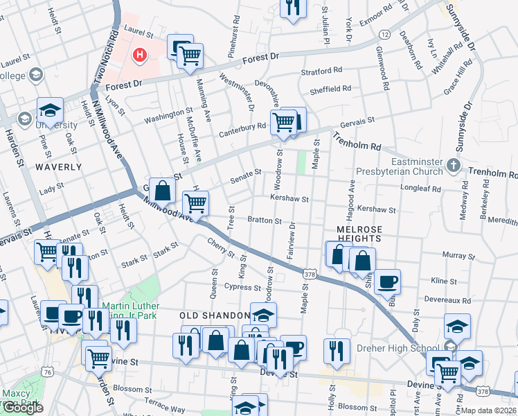 map of restaurants, bars, coffee shops, grocery stores, and more near 1208 King Street in Columbia