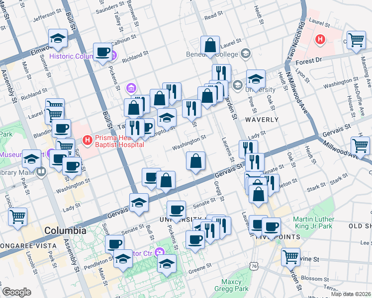 map of restaurants, bars, coffee shops, grocery stores, and more near 1319 Gregg Street in Columbia