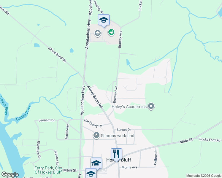 map of restaurants, bars, coffee shops, grocery stores, and more near 2430 Bluff Haven Lane in Gadsden