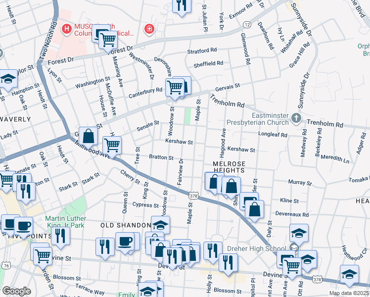map of restaurants, bars, coffee shops, grocery stores, and more near 1316 Fairview Drive in Columbia