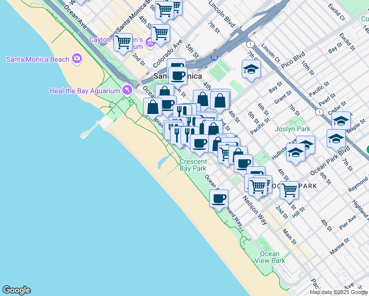 map of restaurants, bars, coffee shops, grocery stores, and more near 2000 Main Street in Santa Monica