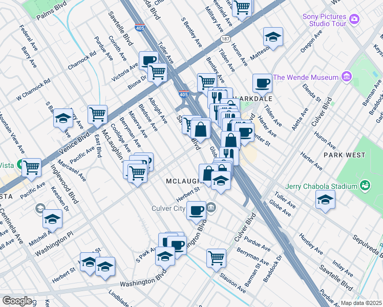 map of restaurants, bars, coffee shops, grocery stores, and more near 11358 Washington Place in Los Angeles