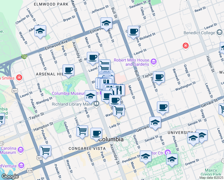 map of restaurants, bars, coffee shops, grocery stores, and more near 1220 Taylor Street in Columbia