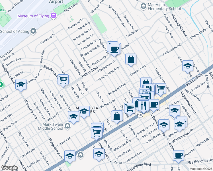 map of restaurants, bars, coffee shops, grocery stores, and more near 3600 Frances Avenue in Los Angeles