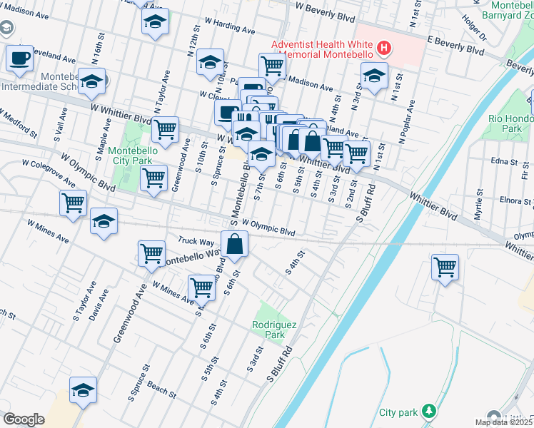 map of restaurants, bars, coffee shops, grocery stores, and more near 235 South 6th Street in Montebello