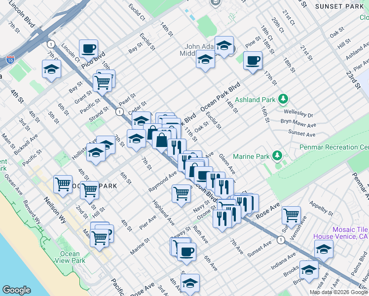 map of restaurants, bars, coffee shops, grocery stores, and more near 1018 Hill Street in Santa Monica