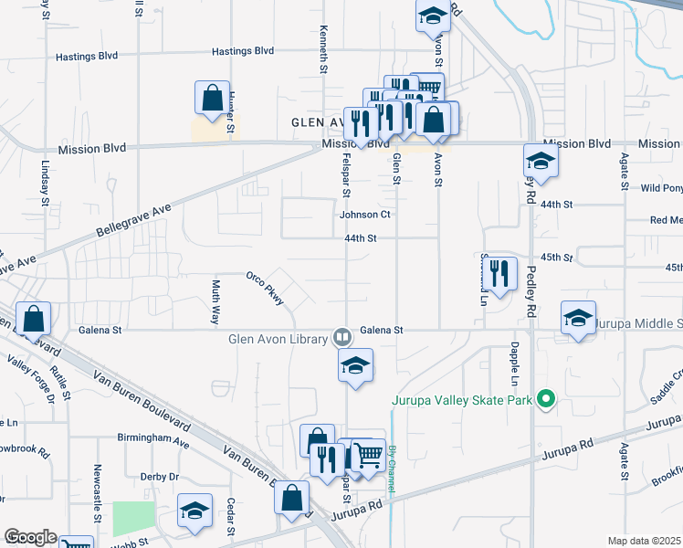 map of restaurants, bars, coffee shops, grocery stores, and more near 9213 Tara Circle in Riverside
