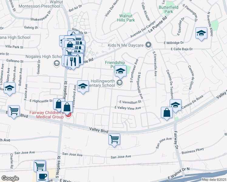 map of restaurants, bars, coffee shops, grocery stores, and more near 2928 East Hollingworth Street in West Covina