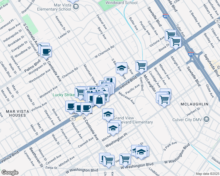 map of restaurants, bars, coffee shops, grocery stores, and more near 3765 Inglewood Blvd in Los Angeles