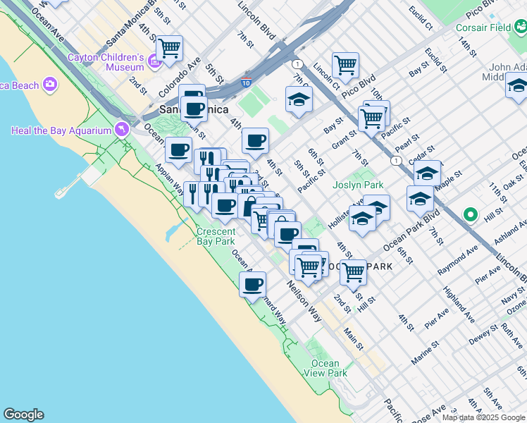 map of restaurants, bars, coffee shops, grocery stores, and more near 2101 Main Street in Santa Monica
