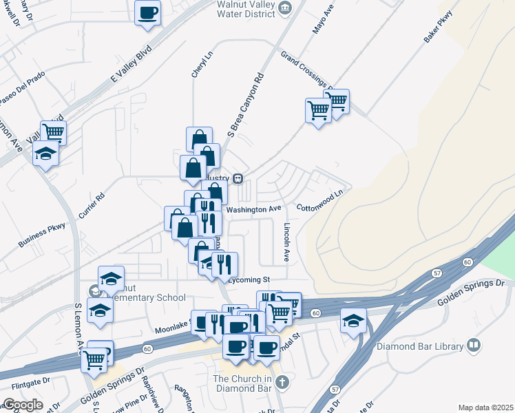 map of restaurants, bars, coffee shops, grocery stores, and more near 21217 Washington Avenue in Walnut