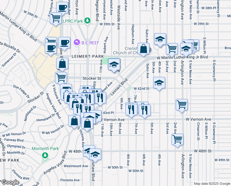 map of restaurants, bars, coffee shops, grocery stores, and more near 4260 Leimert Boulevard in Los Angeles