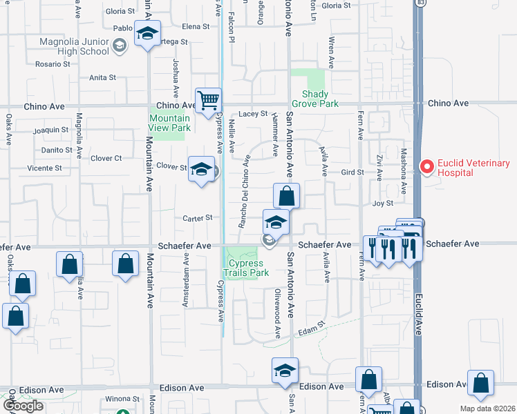 map of restaurants, bars, coffee shops, grocery stores, and more near 6644 Issac Street in Chino