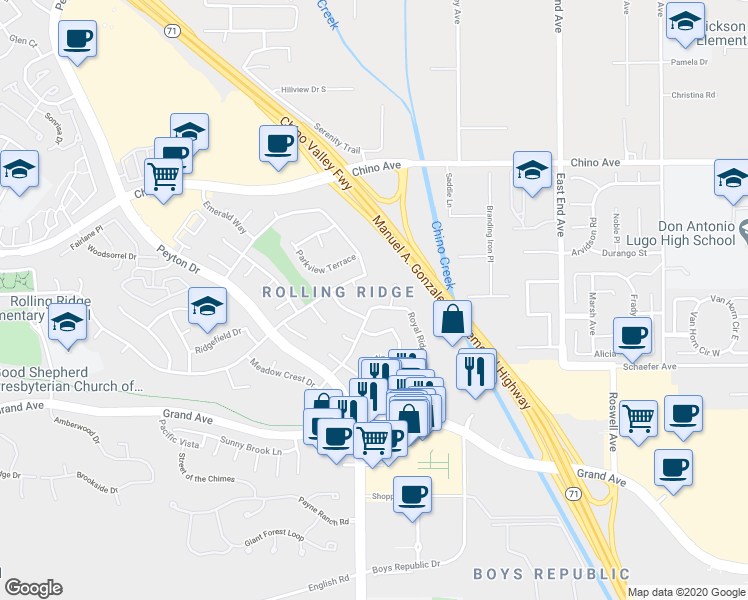 map of restaurants, bars, coffee shops, grocery stores, and more near 3350 Royal Ridge Road in Chino Hills
