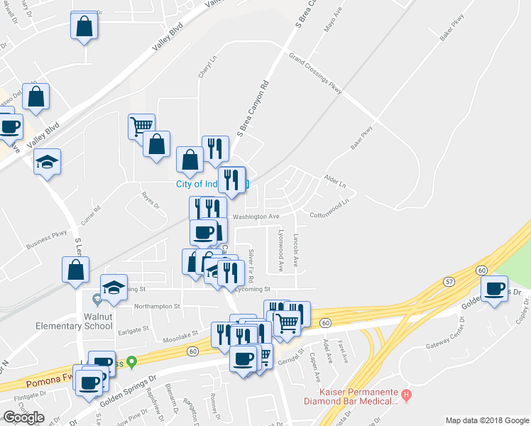map of restaurants, bars, coffee shops, grocery stores, and more near 705 Windwood Drive in Walnut