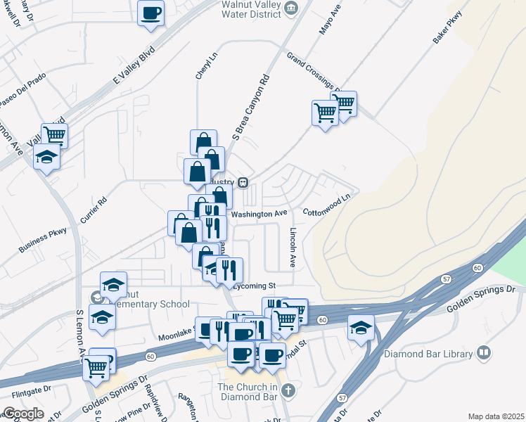 map of restaurants, bars, coffee shops, grocery stores, and more near 705 Windwood Drive in Walnut
