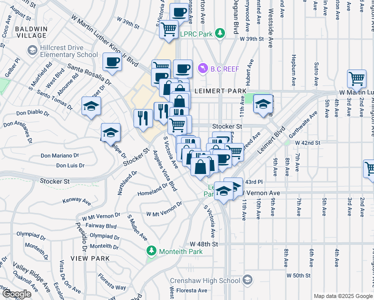 map of restaurants, bars, coffee shops, grocery stores, and more near 4257 Crenshaw Boulevard in Los Angeles