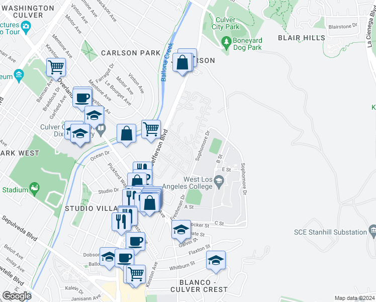 map of restaurants, bars, coffee shops, grocery stores, and more near 5011 Stoney Creek Road in Culver City