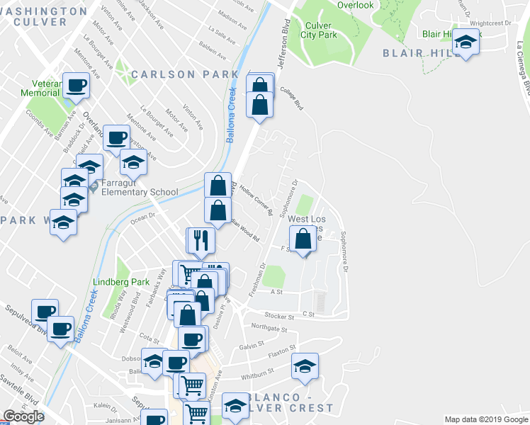 map of restaurants, bars, coffee shops, grocery stores, and more near 5011 Stoney Creek Road in Culver City