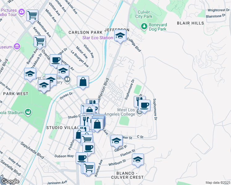 map of restaurants, bars, coffee shops, grocery stores, and more near 4909 Indianwood Road in Culver City