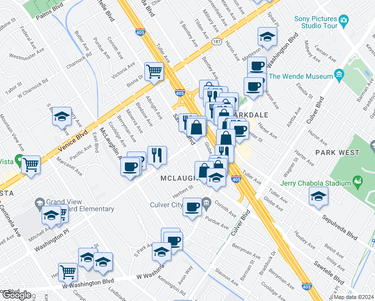 map of restaurants, bars, coffee shops, grocery stores, and more near 11358 Washington Place in Los Angeles