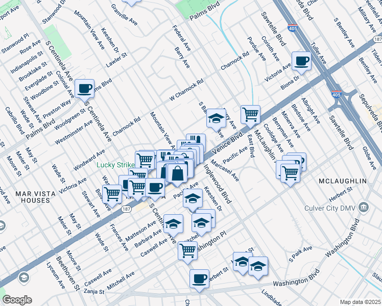map of restaurants, bars, coffee shops, grocery stores, and more near in Los Angeles