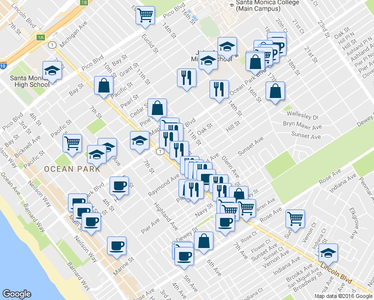 map of restaurants, bars, coffee shops, grocery stores, and more near 1018 Hill Street in Santa Monica