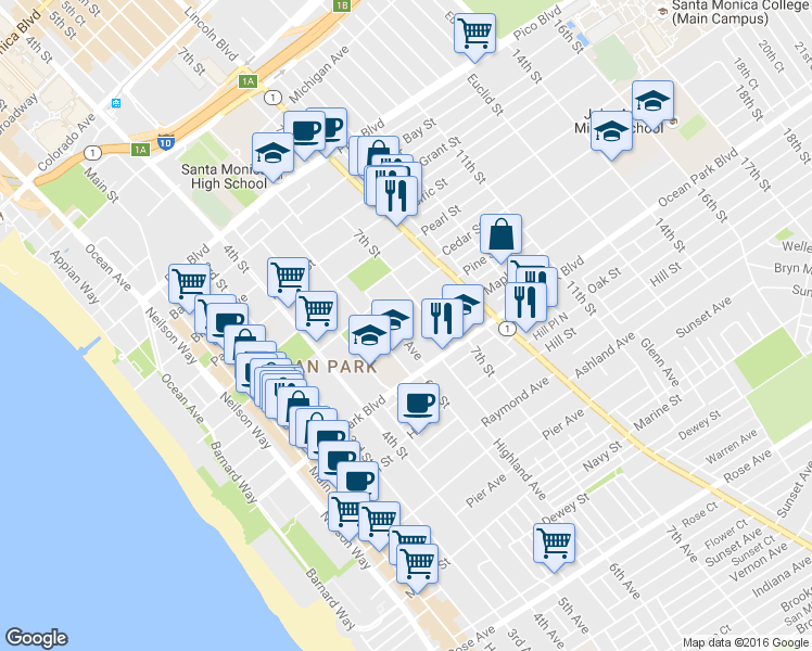 map of restaurants, bars, coffee shops, grocery stores, and more near 2460 Beverley Avenue in Santa Monica
