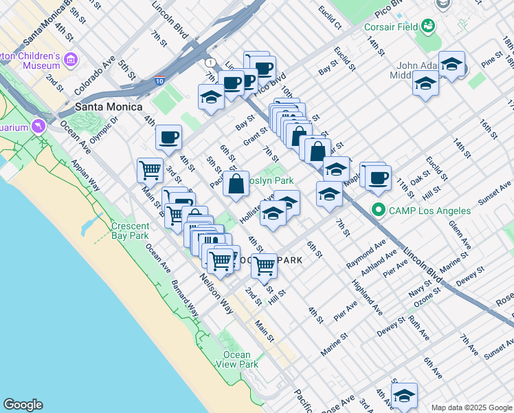 map of restaurants, bars, coffee shops, grocery stores, and more near 521 Hollister Avenue in Santa Monica