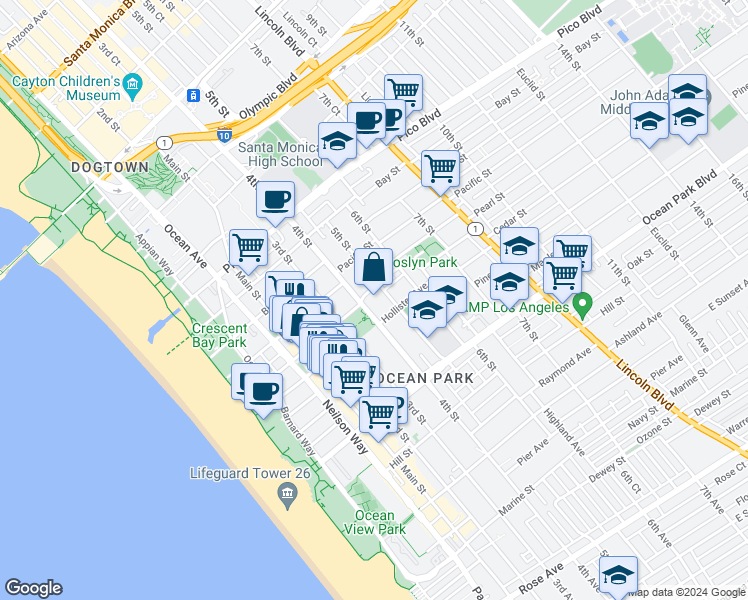 map of restaurants, bars, coffee shops, grocery stores, and more near 2323 4th Street in Santa Monica