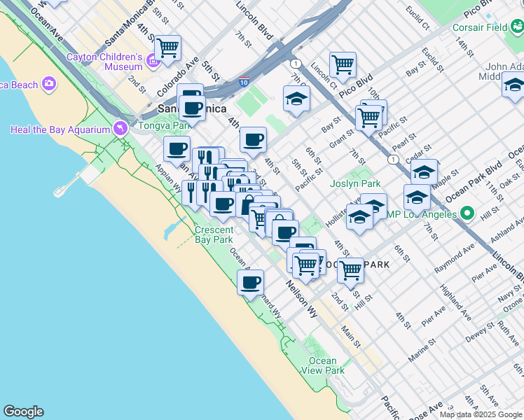 map of restaurants, bars, coffee shops, grocery stores, and more near 2101 Main Street in Santa Monica