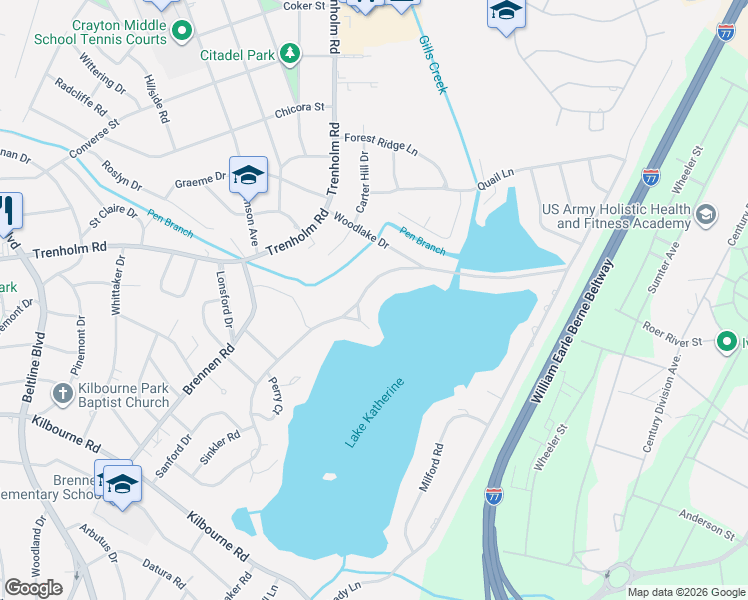 map of restaurants, bars, coffee shops, grocery stores, and more near 1620 Kathwood Drive in Columbia