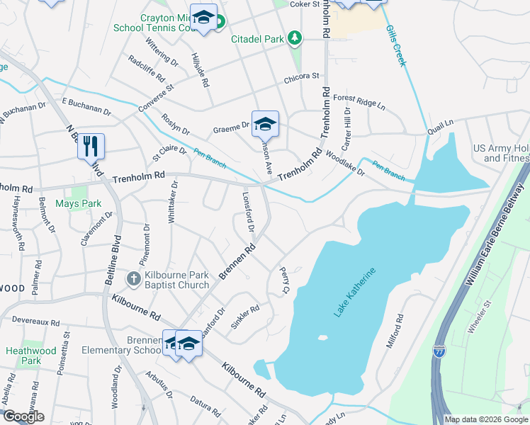 map of restaurants, bars, coffee shops, grocery stores, and more near 1529 Brennen Road in Columbia