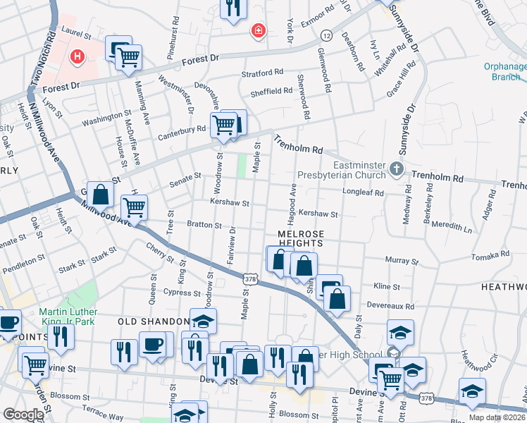map of restaurants, bars, coffee shops, grocery stores, and more near 2800 Kershaw Street in Columbia