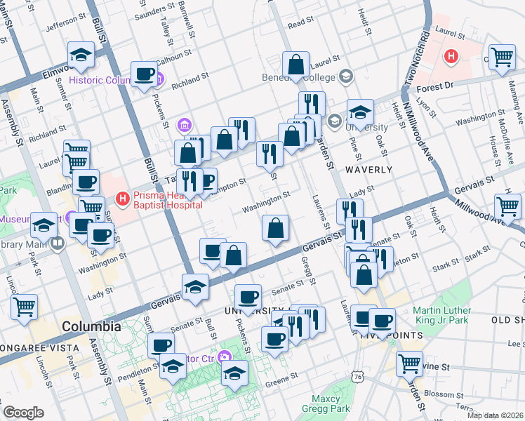 map of restaurants, bars, coffee shops, grocery stores, and more near 1319 Gregg Street in Columbia